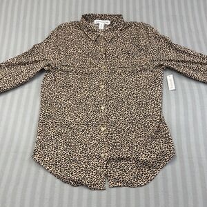 Amazon Essentials Women's Leopard Print Taupe Button-Up Blouse Size M 2 Pockets